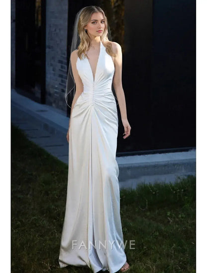 FannyWe Simple Mermaid / Trumpet Prom Dresses Elegant Dress Wedding Sweep / Brush Train Sleeveless V Neck Chiffon Satin with Pearls