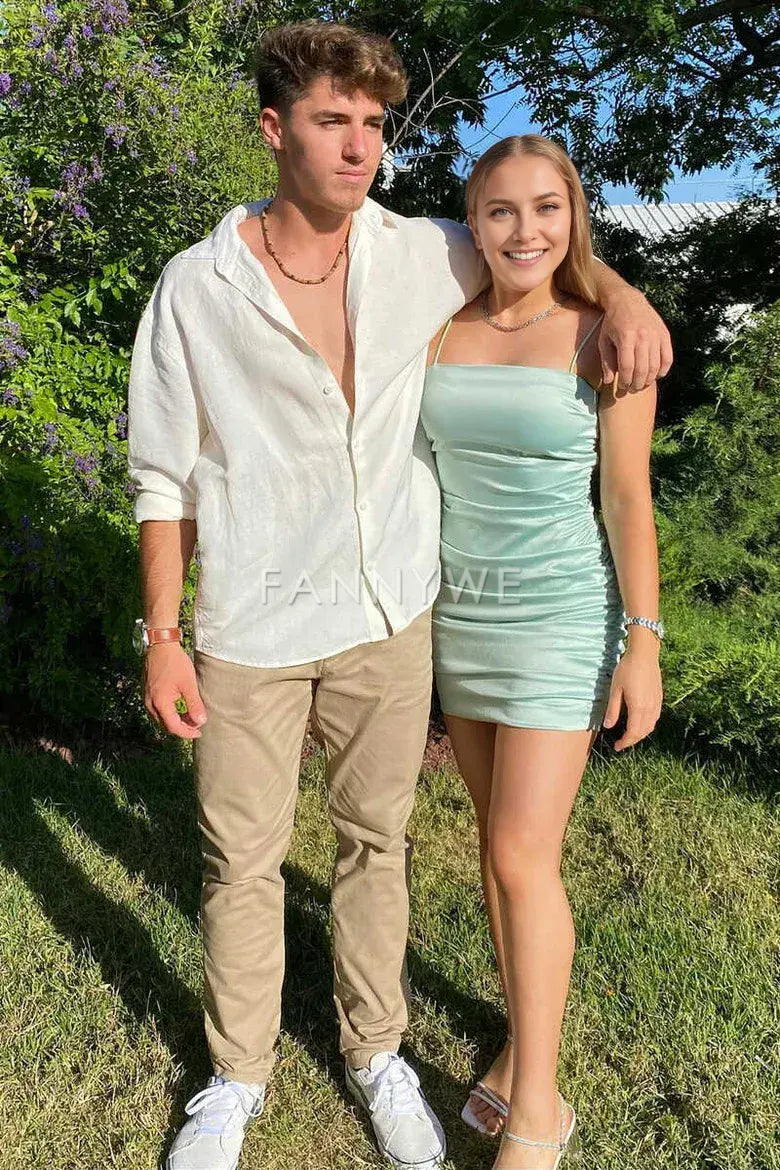 FannyWe Simple Mint Green Spaghetti Straps Ruched Mini Cocktail Dress formal wear dresses