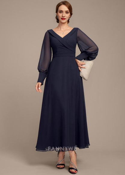 Modern A-Line V Neck Long Sleeve V back Tea-Length Mother of the Bride Dress for ladies
