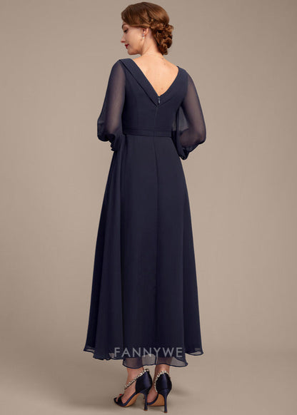 Modern A-Line V Neck Long Sleeve V back Tea-Length Mother of the Bride Dress for ladies
