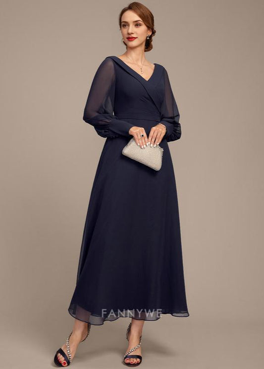 Modern A-Line V Neck Long Sleeve V back Tea-Length Mother of the Bride Dress for ladies