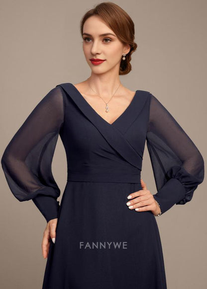 Modern A-Line V Neck Long Sleeve V back Tea-Length Mother of the Bride Dress for ladies