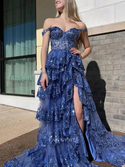 A Line Long Off the Shoulder Sweetheart Sleeveless Tiered Ruffles Tulle formal dresses Bridesmaid Dresses evening gown Prom Dress With Split