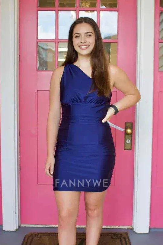 FannyWe Simple One Shoulder Navy Blue Tight Homecoming Dress formal wear dresses