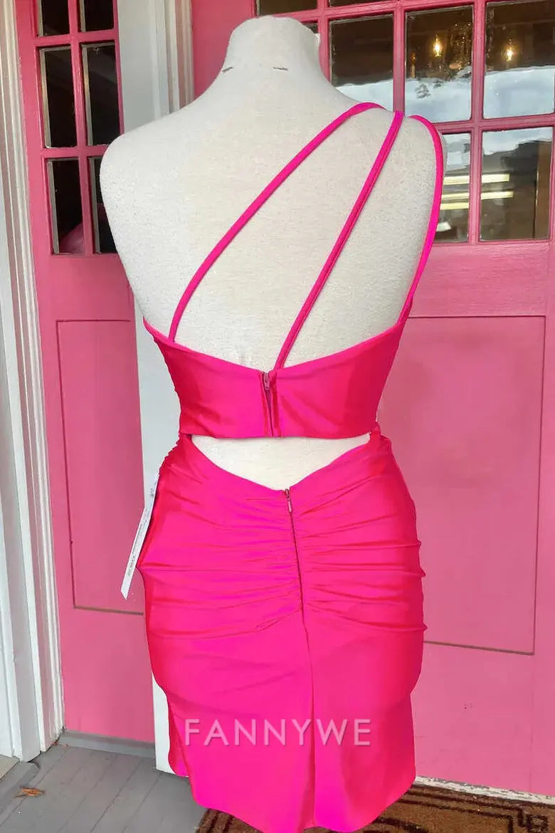 FannyWe Simple Neon Pink One-Shoulder Backless Bodycon Short Dress formal wear dresses