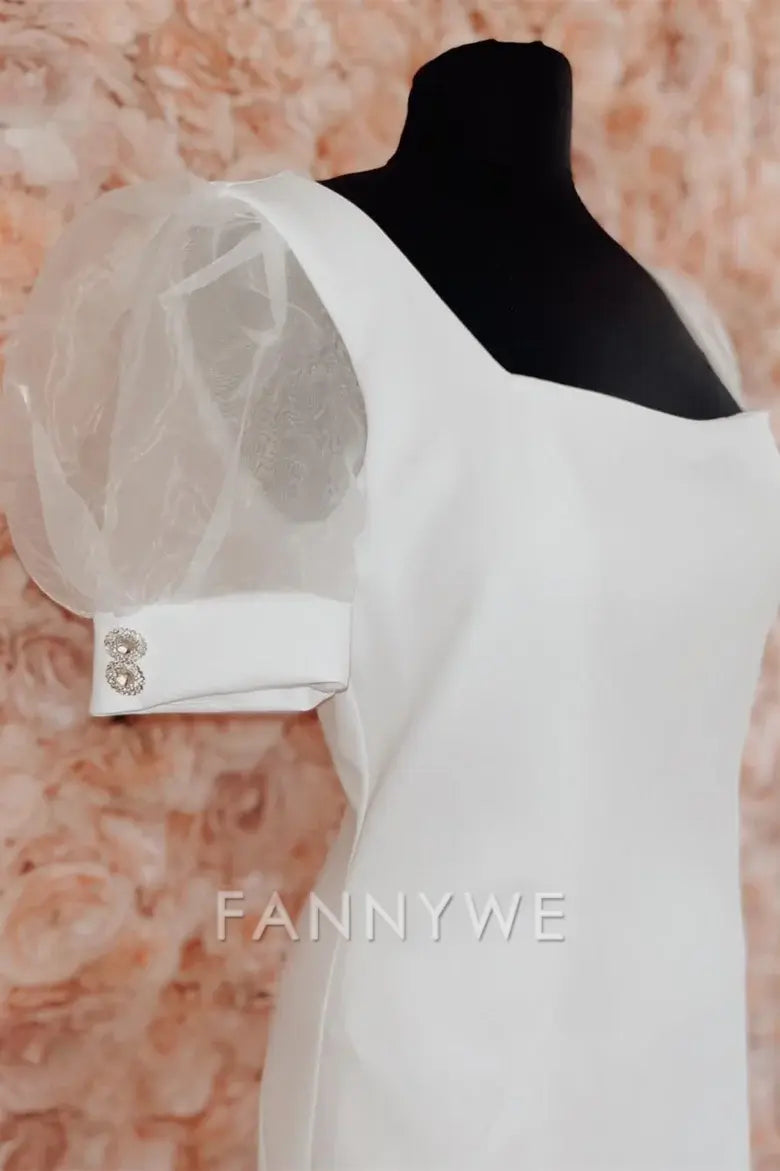 FannyWe Simple White Square Neck Bodycon Party Dress with Sheer Sleeves formal wear dresses