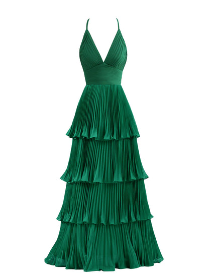 A-Linie, gestuftes, bodenlanges Chiffon-Brautjungfernkleid, Ballkleider