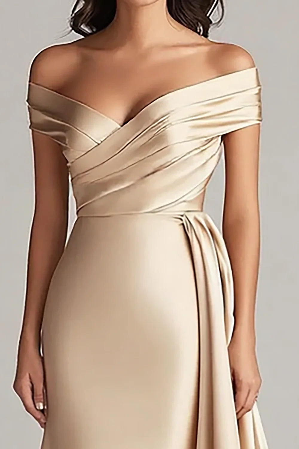 Elegant Off - Shoulder Satin Maxi Dress with Draped Detail Mother of the Bride Dress