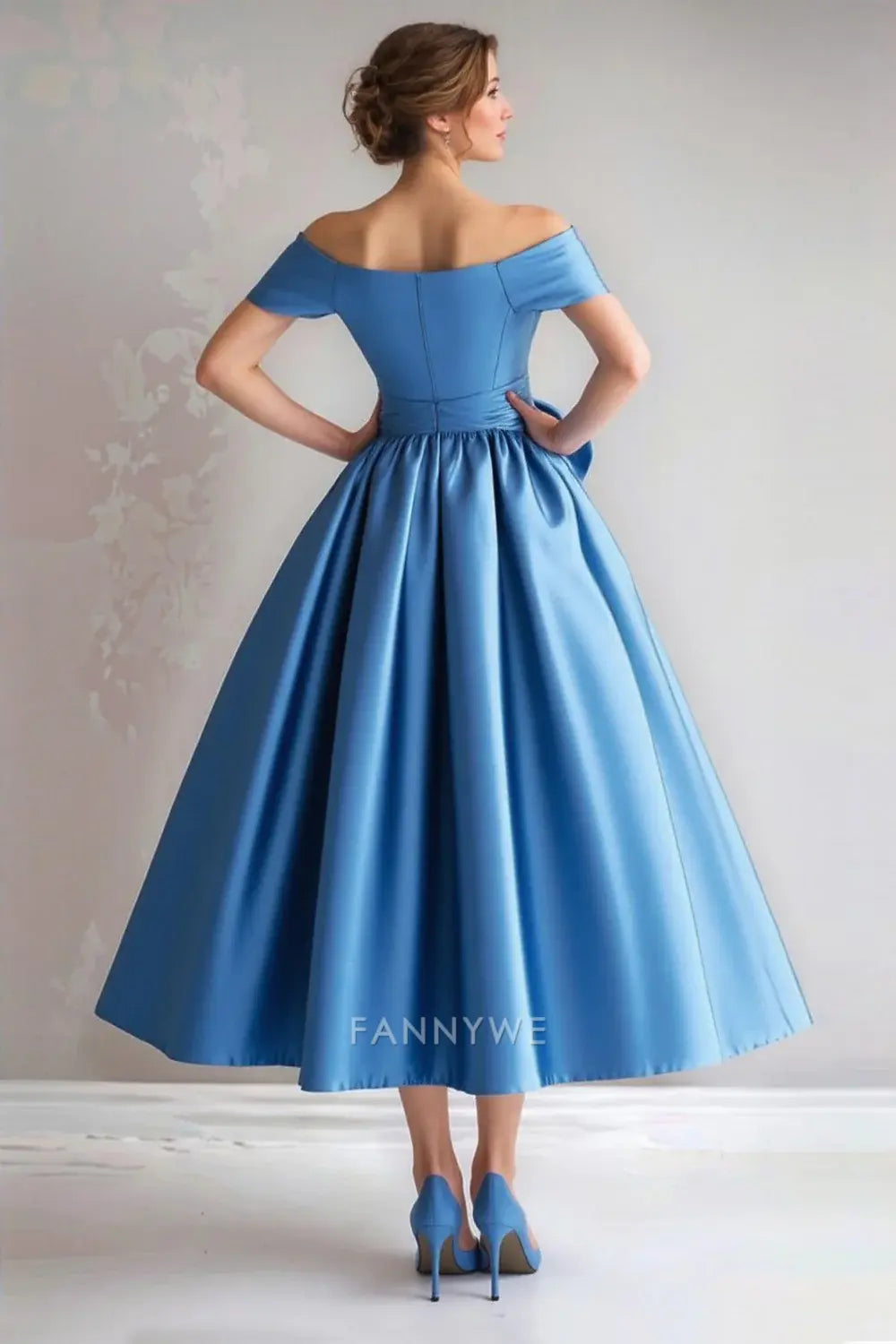 Elegant Off - Shoulder Satin Midi Dress with Oversized Bow Mother of the Bride Dress