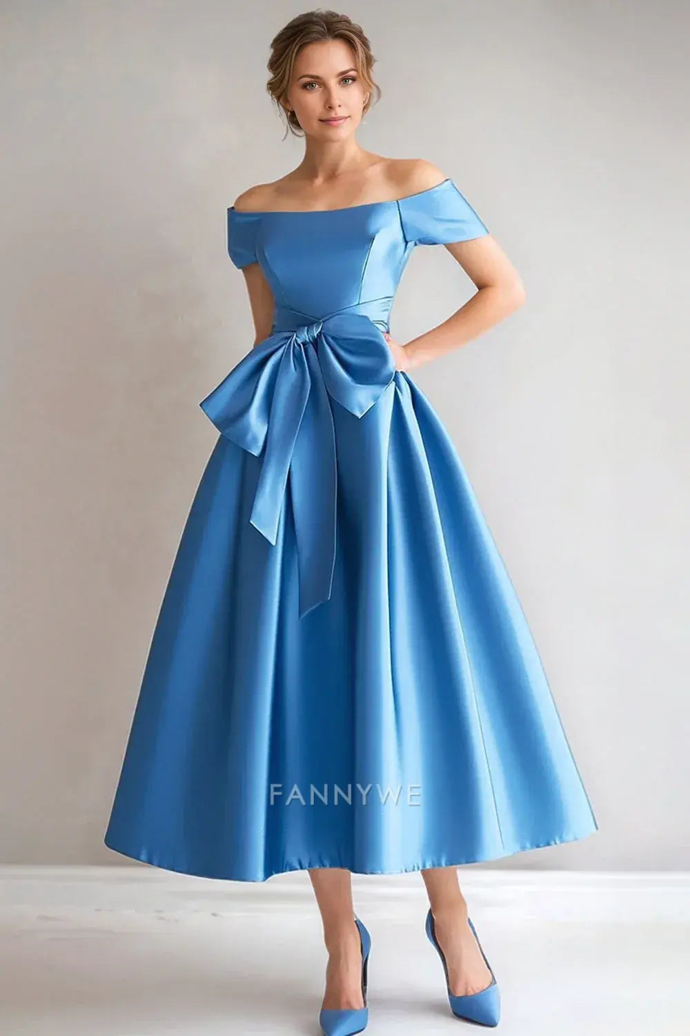 Elegant Off - Shoulder Satin Midi Dress with Oversized Bow Mother of the Bride Dress