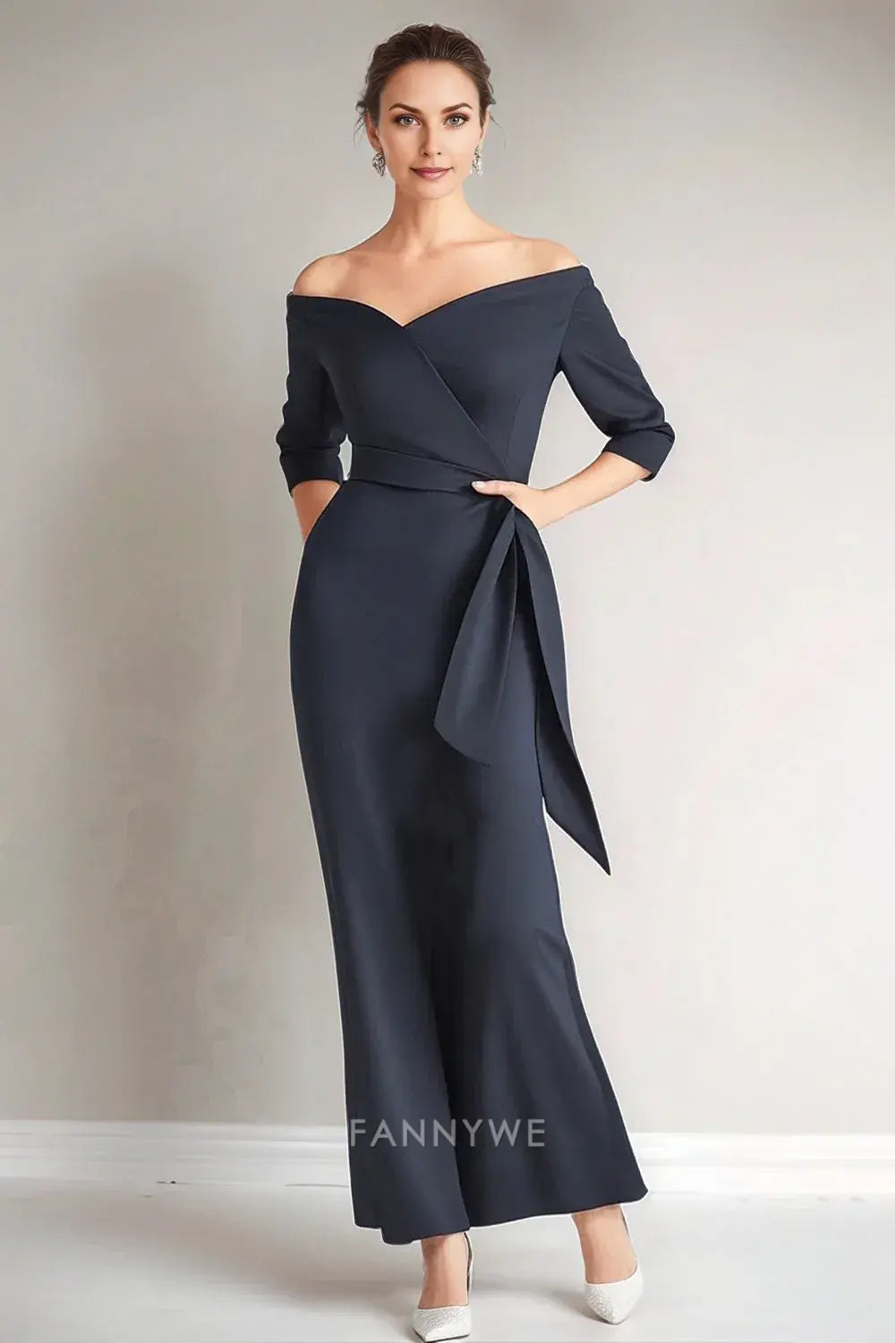 Luxury Off - Shoulder Wrap Midi Dress with Belt Mother of the Bride Dress