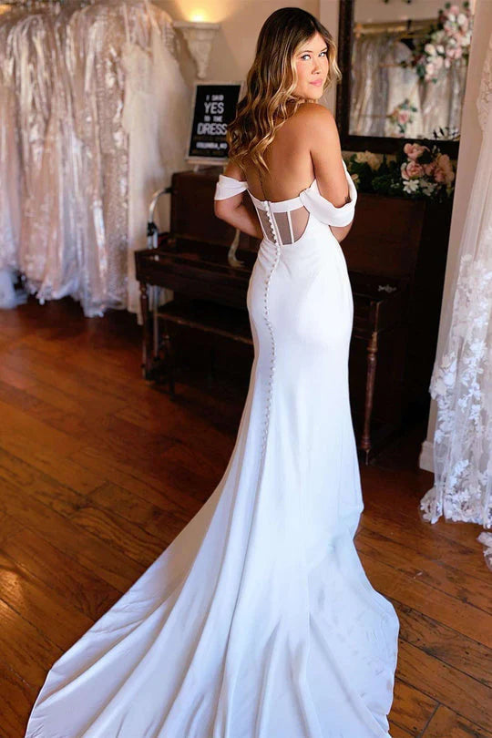Mermaid Polyester Long Wedding Dress Off Tthe Shoulder Sweetheart