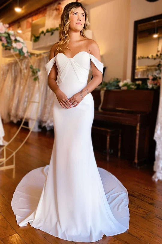 Mermaid Polyester Long Wedding Dress Off Tthe Shoulder Sweetheart