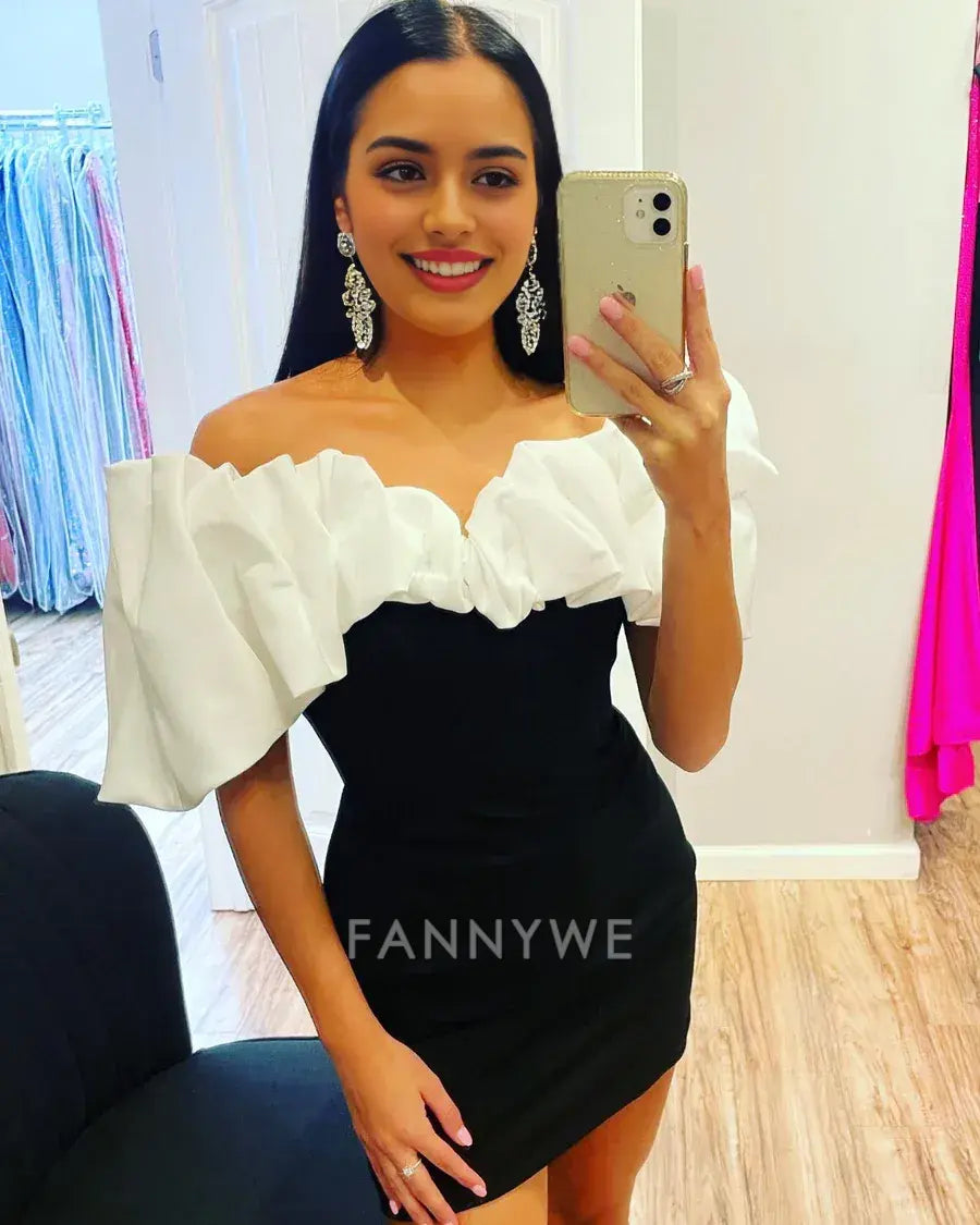 FannyWe Simple Off-the-Shoulder White and Black Ruffled Homecoming Dress formal wear dresses