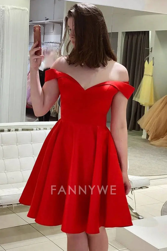 FannyWe Simple Off the Shoulder Red Satin Party Dress formal wear dresses