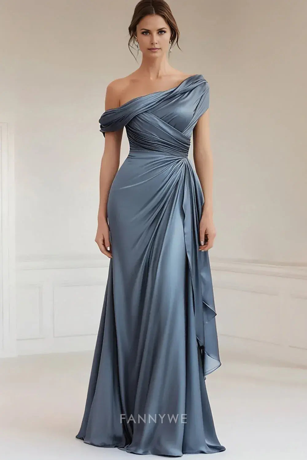 Elegant One - Shoulder Draped Satin Maxi Dress Mother of the Bride Dress
