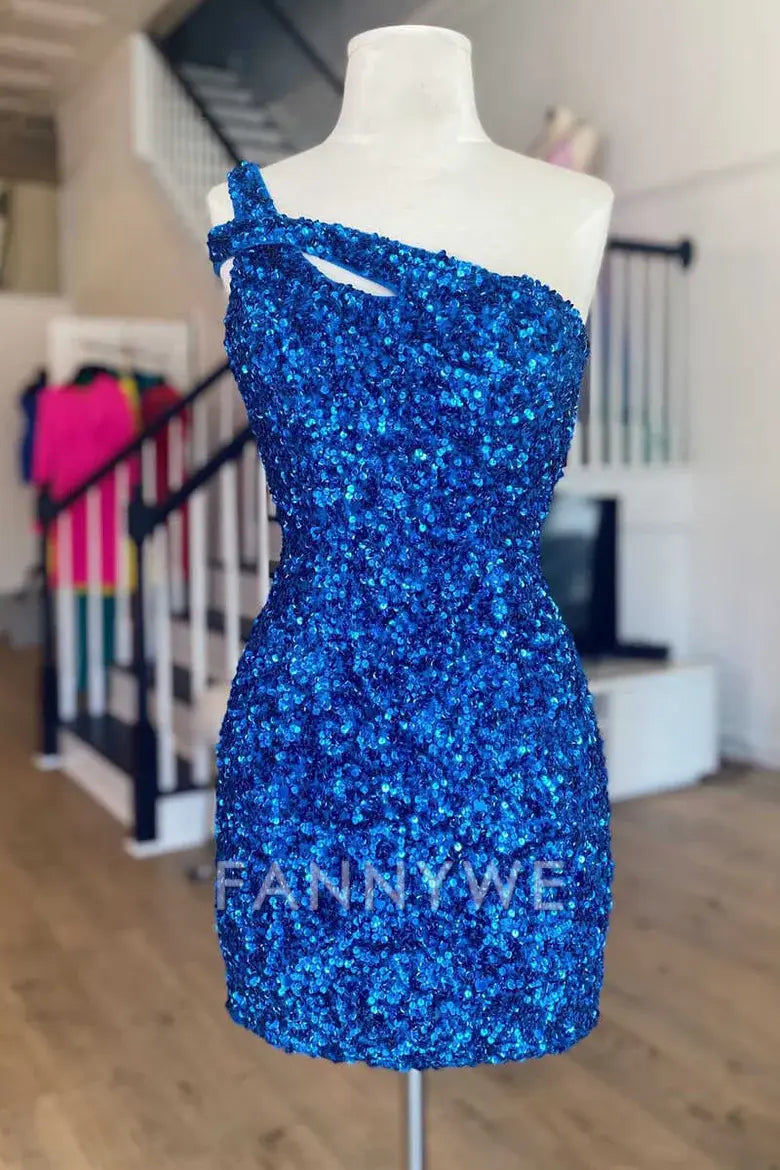 FannyWe Simple One-Shoulder Blue Sequin Keyhole Mini Homecoming Dress formal wear dresses