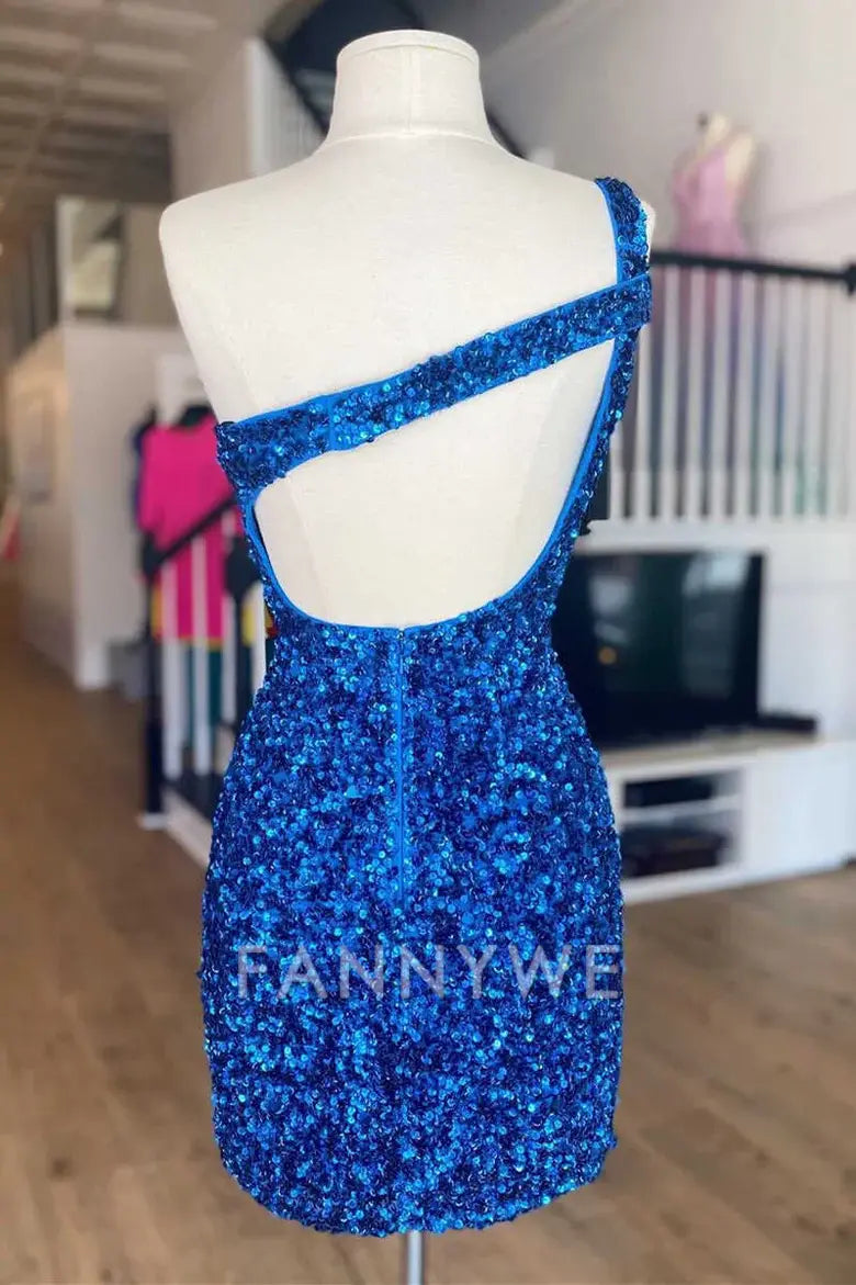FannyWe Simple One-Shoulder Blue Sequin Keyhole Mini Homecoming Dress formal wear dresses