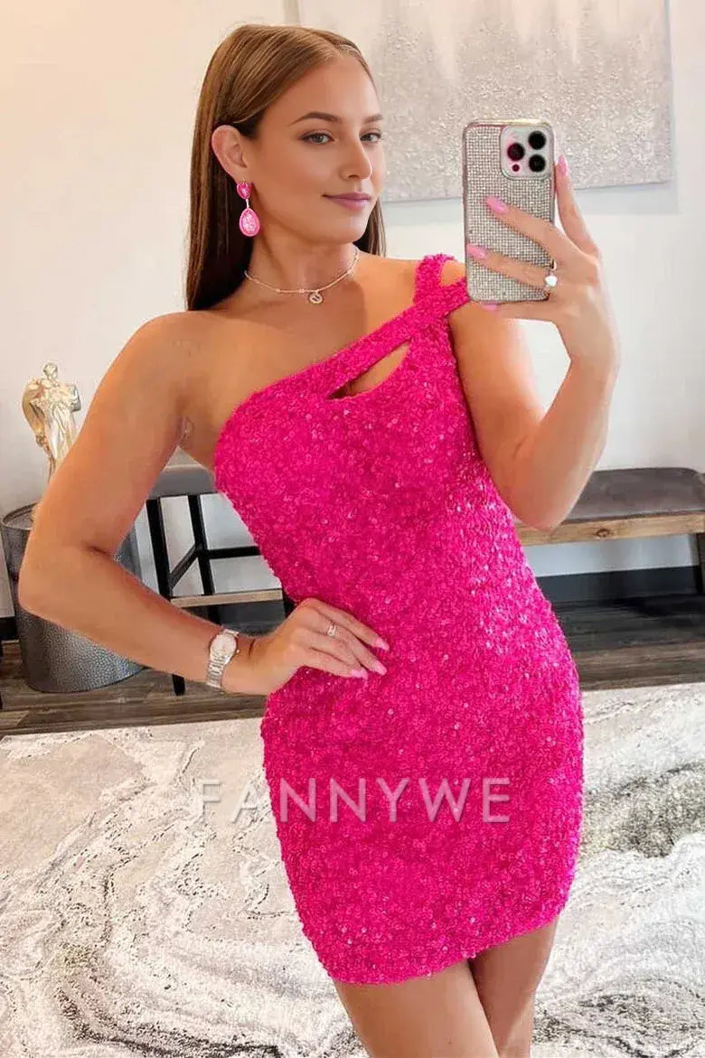 FannyWe Simple One-Shoulder Hot Pink Sequin Keyhole Mini Homecoming Dress formal wear dresses
