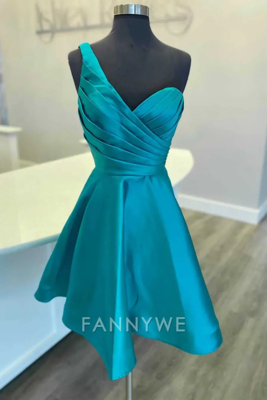 FannyWe Simple One-Shoulder Teal Blue Ruched A-Line Homecoming Dress formal wear dresses