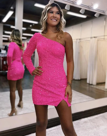 One Shoulder Long Sleeves Sequin Homecoming Dress With Split