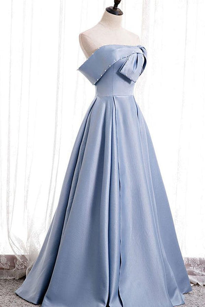 A-line Off the shoulder Beaded Satin Prom Dress