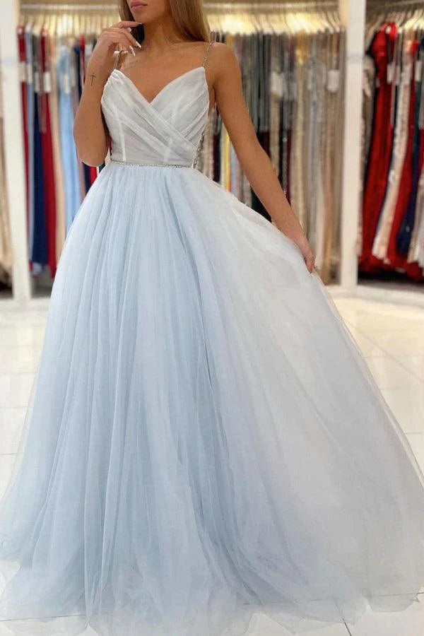 Tulle Long Backless Gown Prom Dresses