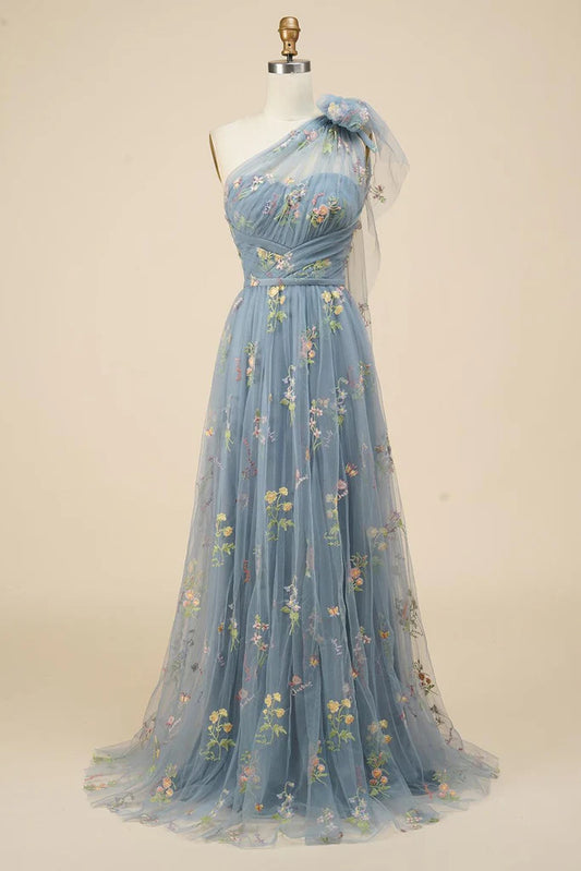 A-Line Floral One Shoulder Prom Dress