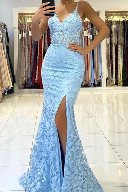 Vestido de fiesta largo de encaje con escote en V y espalda descubierta de sirena