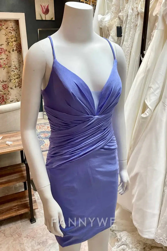 FannyWe Simple Periwinkle V-Neck Ruched Short Cocktail Gown formal wear dresses