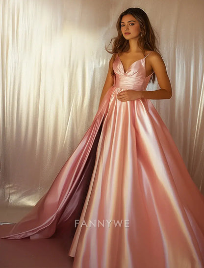 FannyWe Vestido elegante de fiesta de corte A rosa sencillo, formal, para boda, largo hasta el suelo, sin mangas, con tirantes finos, de satén y abertura 