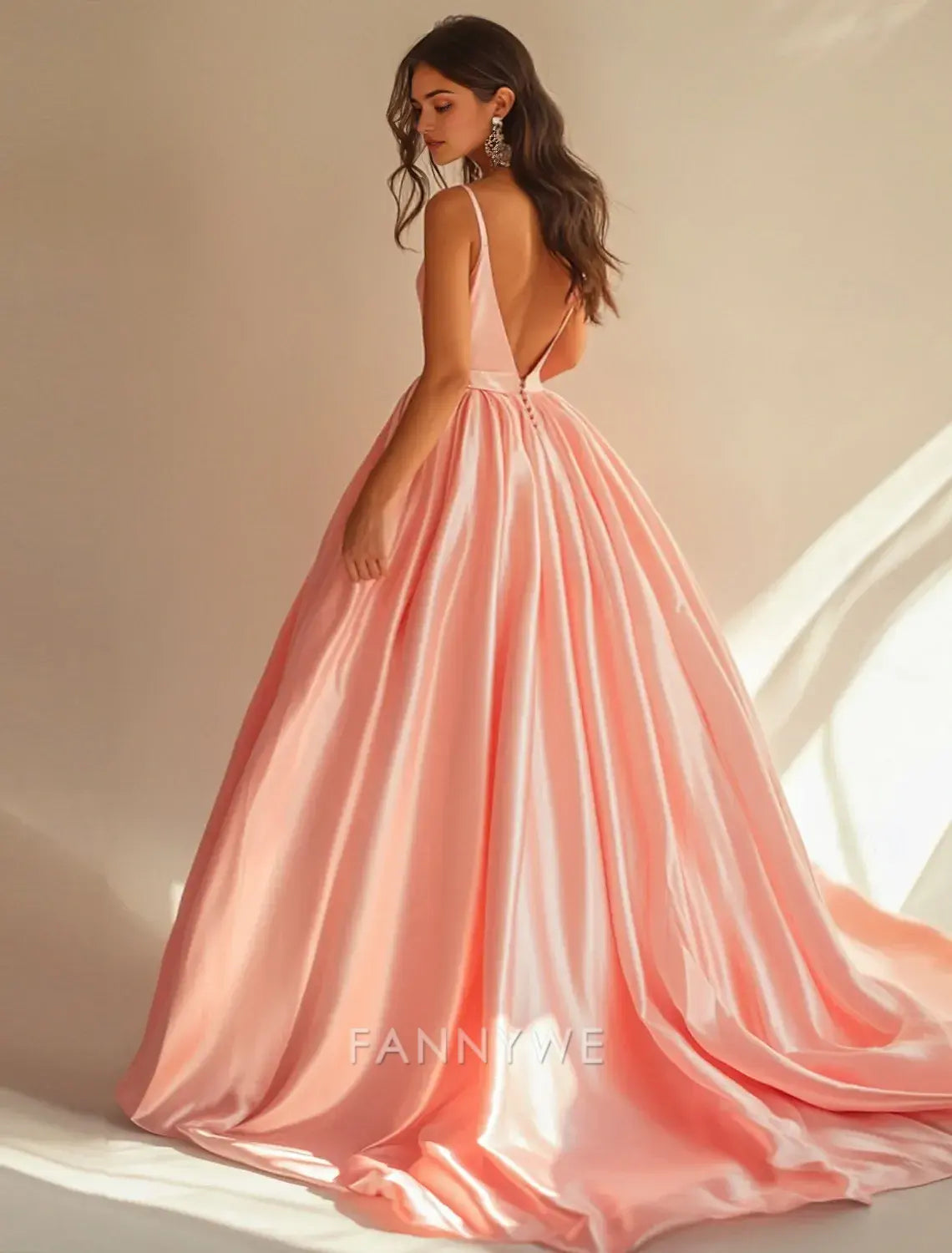FannyWe Simple Pink A-Line Prom Elegant Dress Formal Wedding Floor Length Sleeveless Spaghetti Strap Satin with Slit