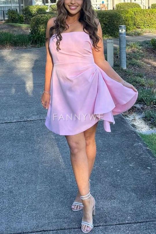 FannyWe Pink A-Line Strapless Pleated Satin Sleeveless Short Homecoming Dress formal wear dresses