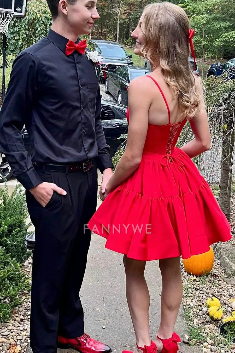 FannyWe Simple Red Corset Bodice Lace-Up A-Line Cocktail Dress with Ruffles formal wear dresses