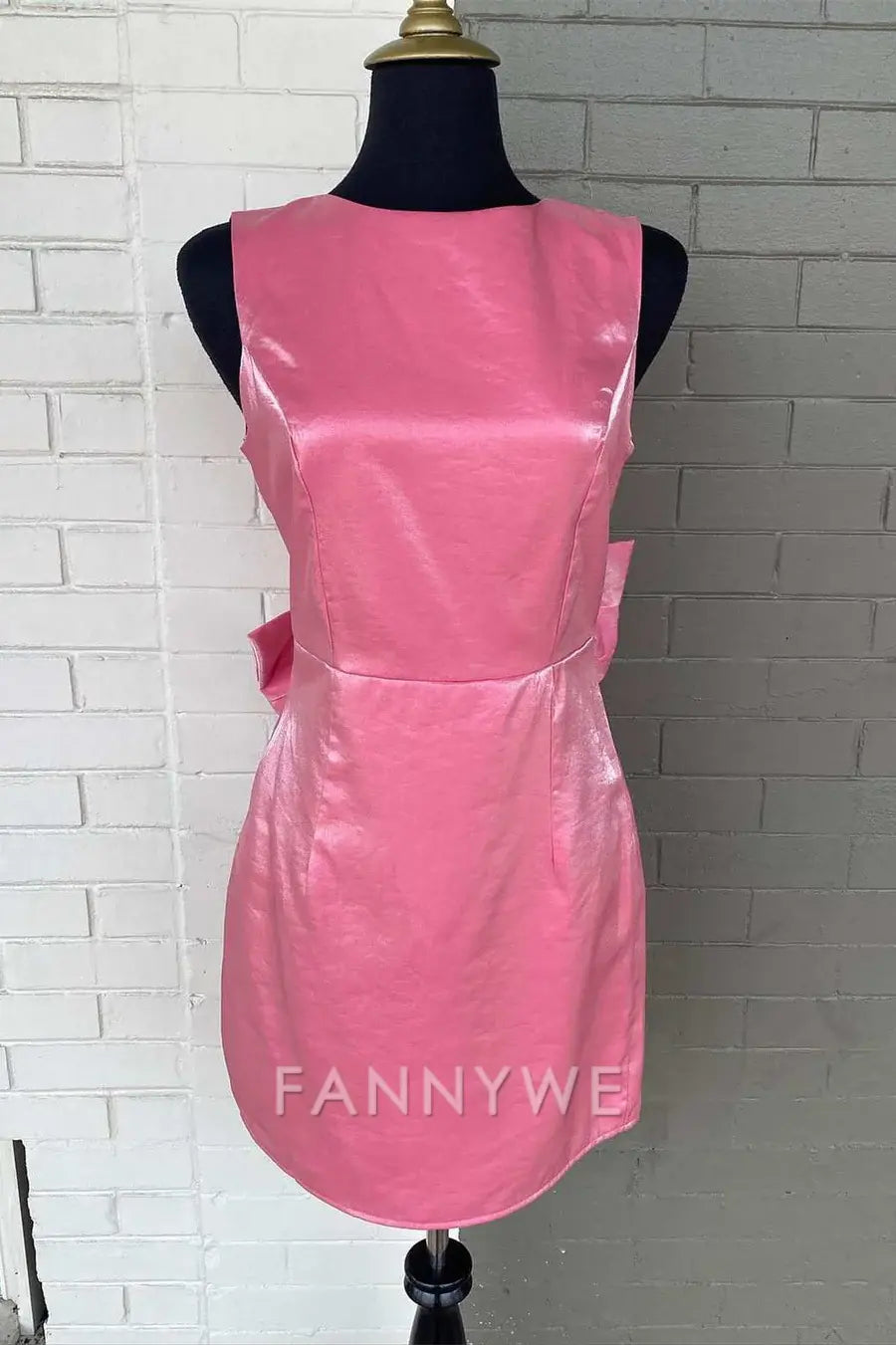 FannyWe Elegant Pink Crew Neck Bow-Back Short Party Dress formal wear dresses