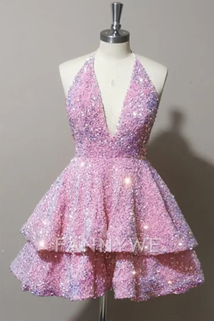 FannyWe Simple Pink Halter A-Line V-Neck Sequined Layered Short Homecoming Dress formal wear dresses