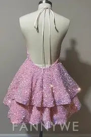 FannyWe Simple Pink Halter A-Line V-Neck Sequined Layered Short Homecoming Dress formal wear dresses