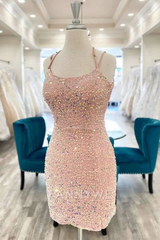 FannyWe Simple Pink Iridescent Sequin Lace-Up Short Homecoming Dress formal wear dresses