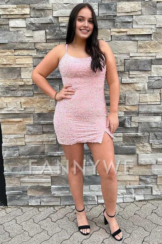FannyWe Simple Pink Iridescent Sequin Lace-Up Short Homecoming Dress formal wear dresses