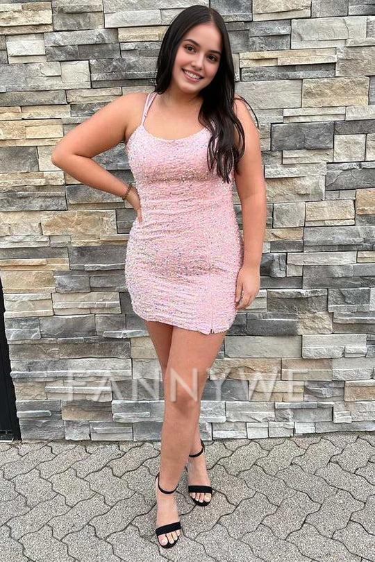 FannyWe Simple Pink Iridescent Sequin Lace-Up Short Homecoming Dress formal wear dresses
