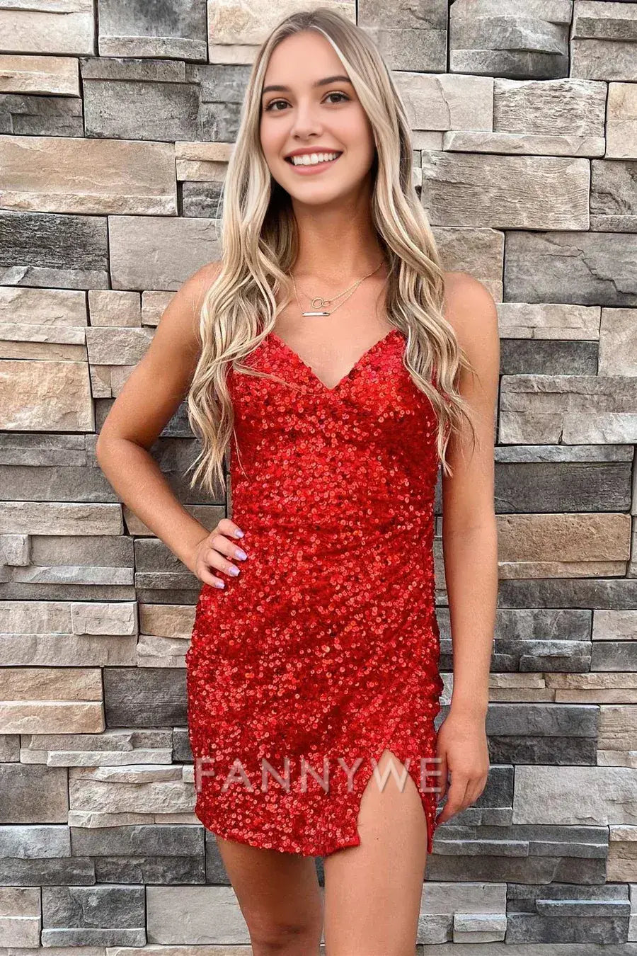 FannyWe Simple Red Iridescent Sequin V-Neck Cocktail Dress with Slit formal wear dresses