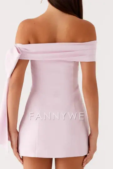 FannyWe Simple Pink Off-Shoulder Satin Short Homecoming Cocktail Dress with Bow formal wear dresses