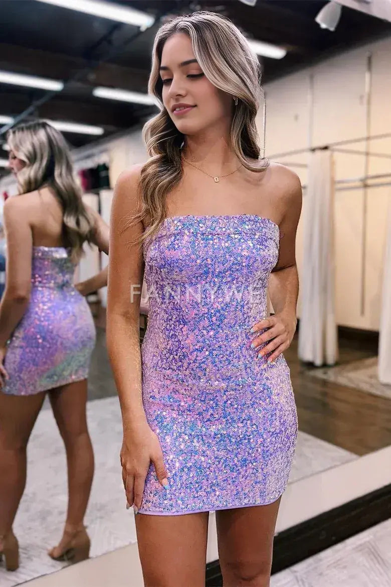 FannyWe Simple Lilac Sequin Strapless Fitted Short Homecoming Dress formal wear dresses