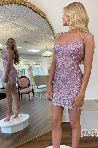 FannyWe Simple Pink Sequin Sweetheart Bodycon Homecoming Dress formal wear dresses