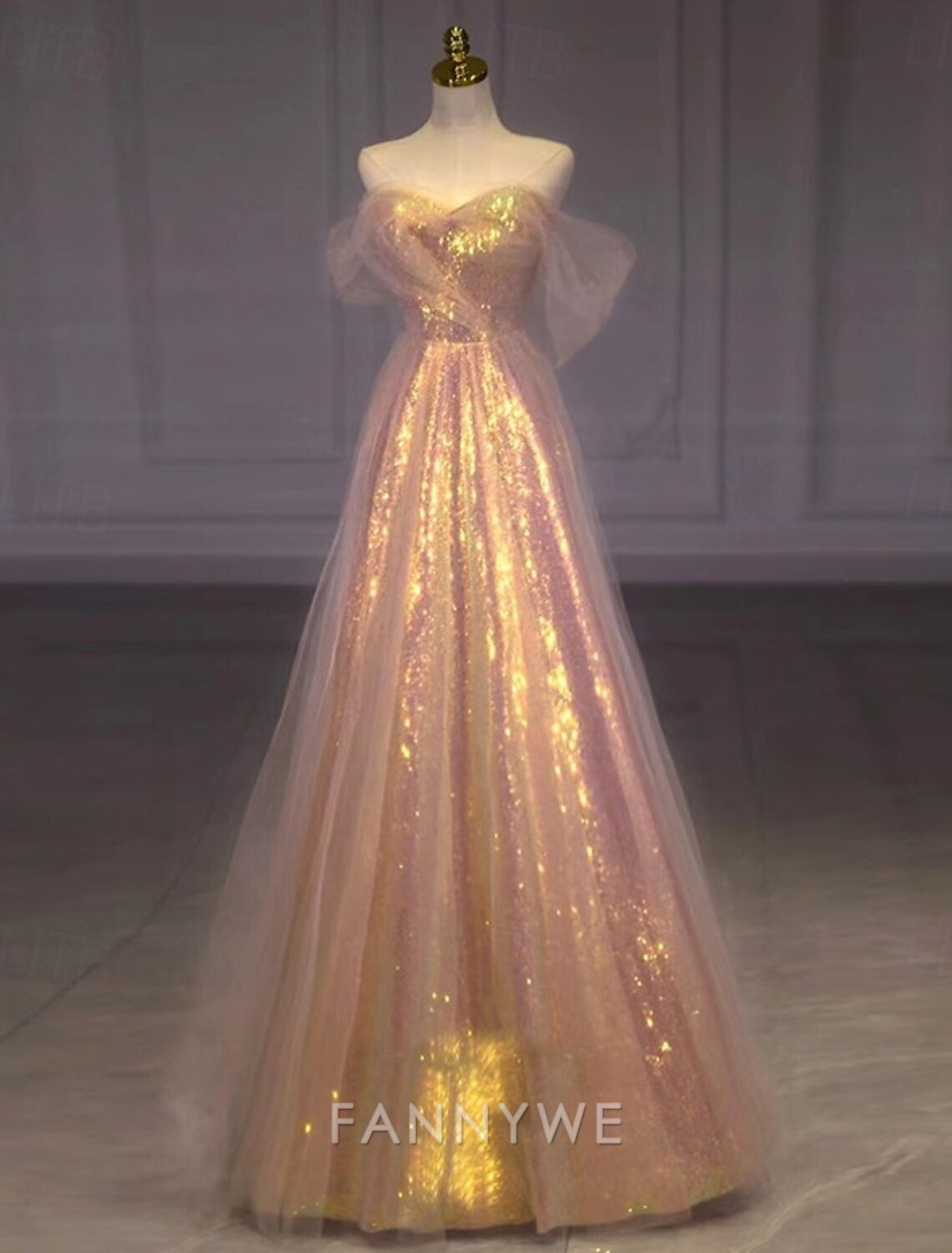 FannyWe Simple Pink Sequined A-Line Prom Dresses Beach Wedding Vintage Dress Formal Masquerade Floor Length Sleeveless Strapless Tulle with Glitter