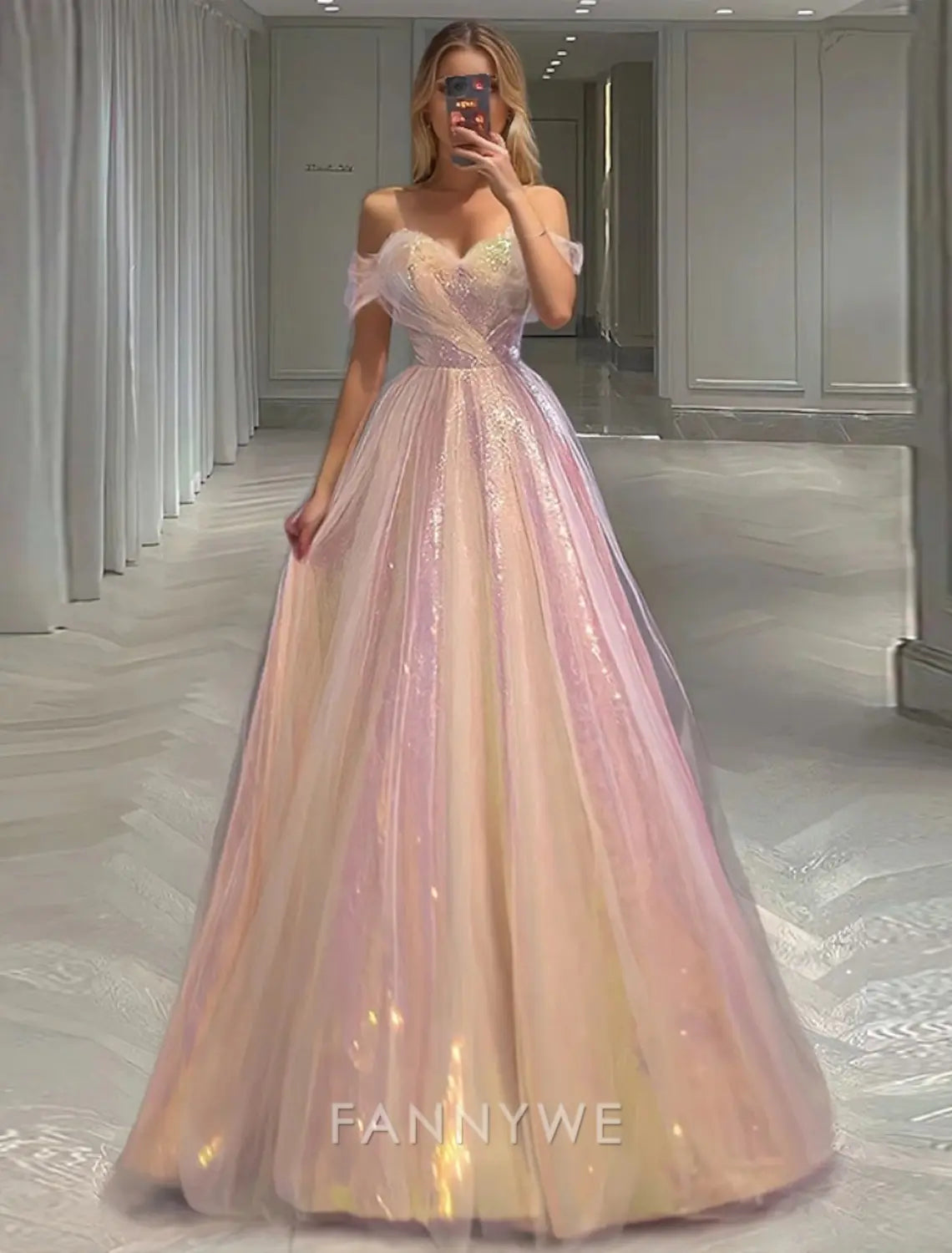 FannyWe Simple Pink Sequined A-Line Prom Dresses Beach Wedding Vintage Dress Formal Masquerade Floor Length Sleeveless Strapless Tulle with Glitter