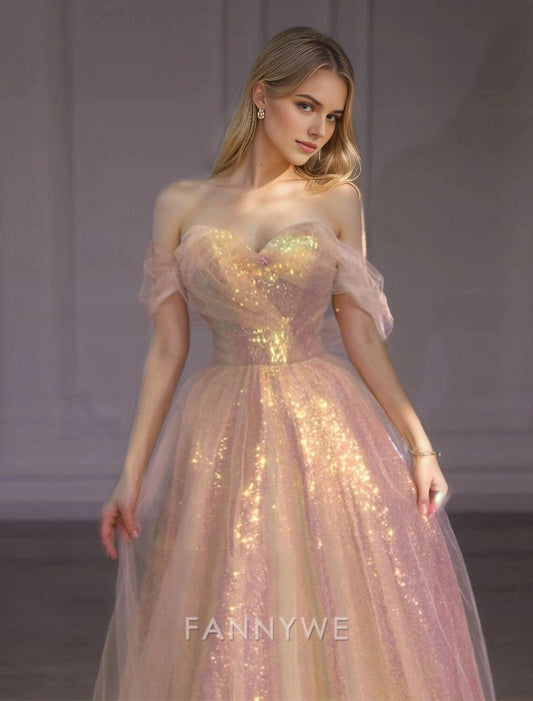 FannyWe Simple Pink Sequined A-Line Prom Dresses Beach Wedding Vintage Dress Formal Masquerade Floor Length Sleeveless Strapless Tulle with Glitter