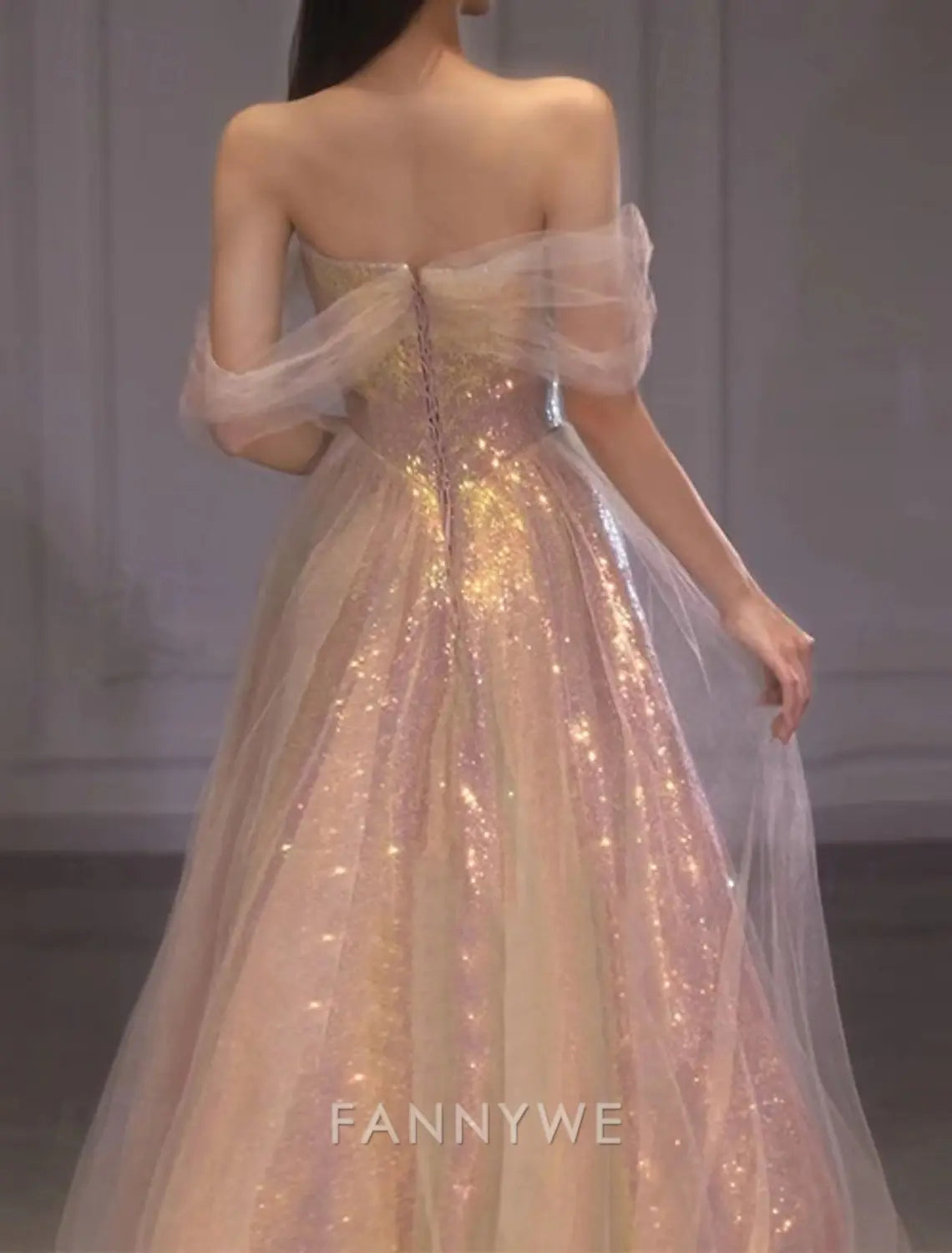 FannyWe Simple Pink Sequined A-Line Prom Dresses Beach Wedding Vintage Dress Formal Masquerade Floor Length Sleeveless Strapless Tulle with Glitter