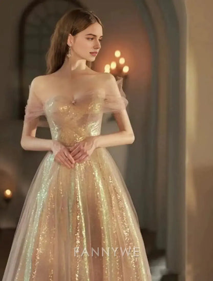 FannyWe Simple Pink Sequined A-Line Prom Dresses Beach Wedding Vintage Dress Formal Masquerade Floor Length Sleeveless Strapless Tulle with Glitter