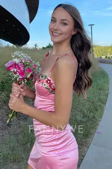 FannyWe Simple Pink Straps Sweetheart Appliques Pleated Satin Homecoming Party Dress formal wear dresses